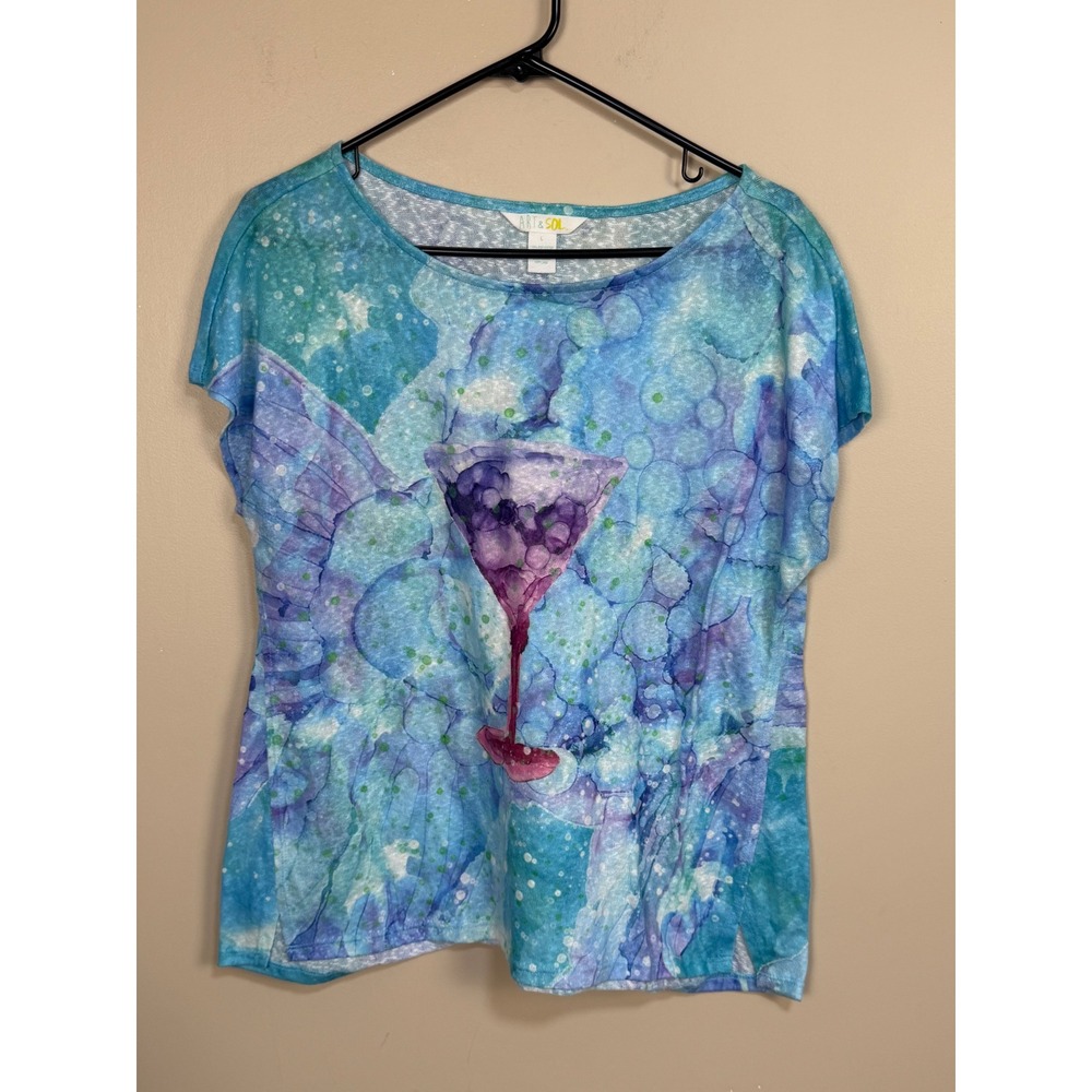 Art & Sol‎ Womens Large Blue Purple Watercolor Cocktail Graphic Short Sleeve Top